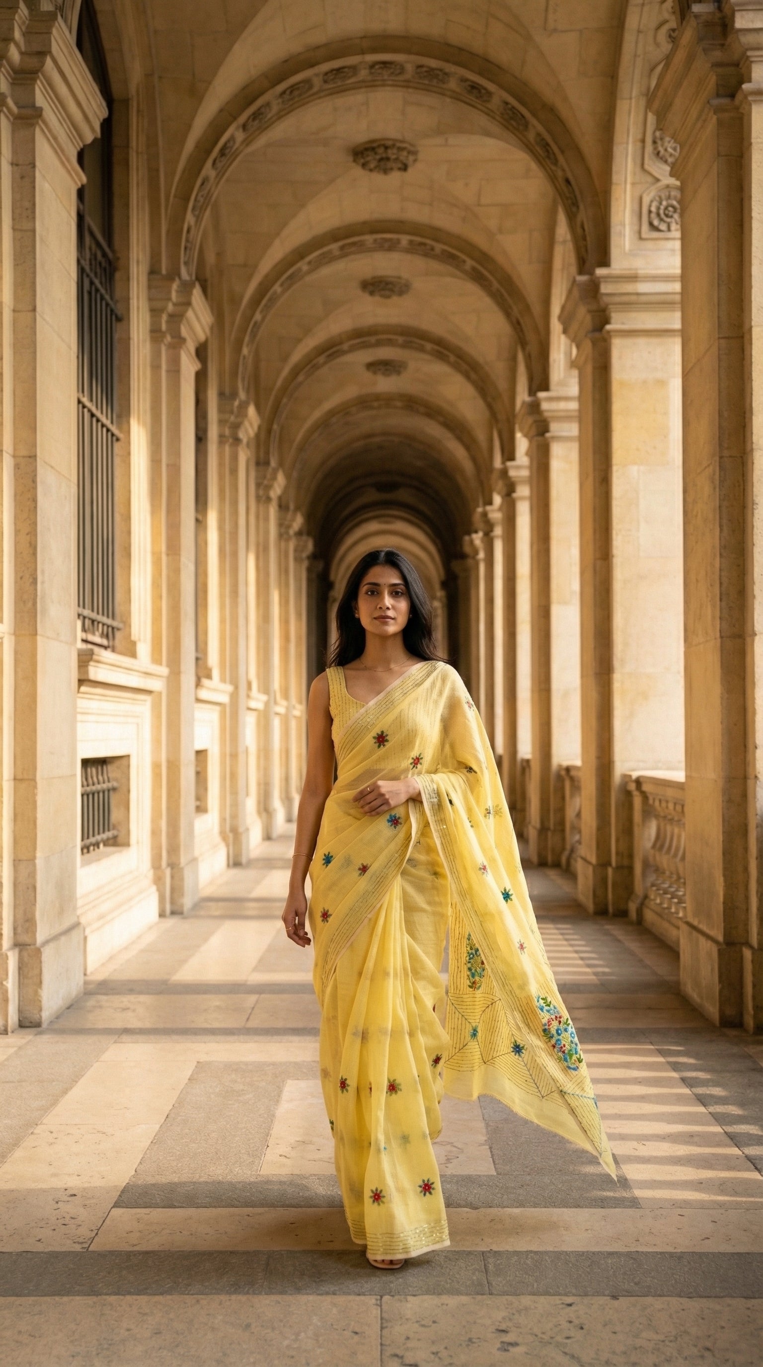 Woman in a lemon-yellow-chanderi-kantha-saree, standing in an architectural hallway