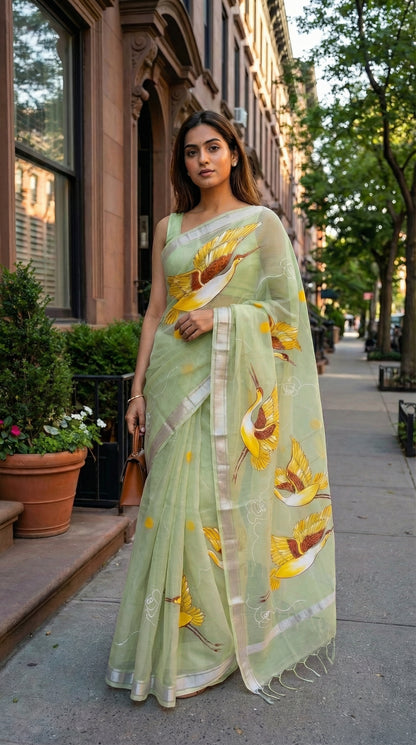 Woman in a light-green-kota-doria-crane-saree, standing on a city street.