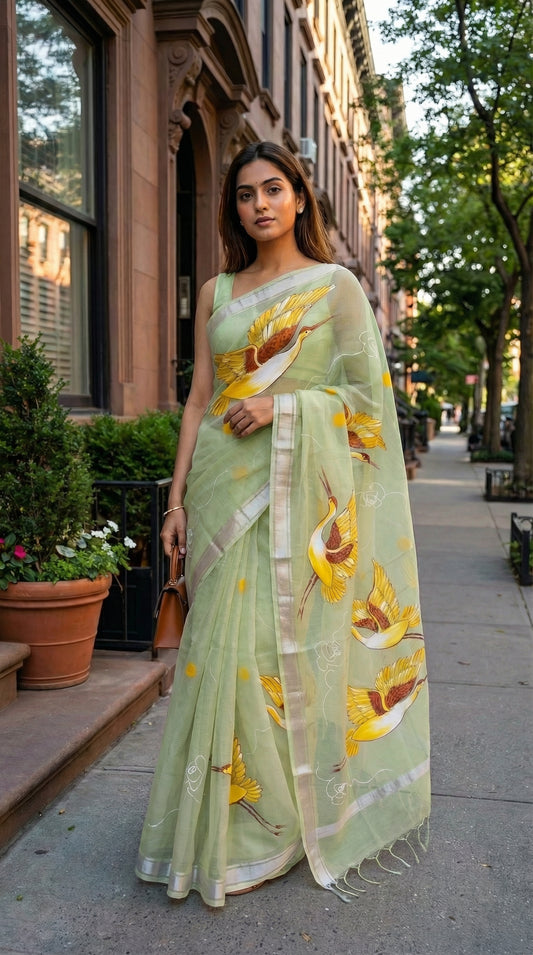 Woman in a light-green-kota-doria-crane-saree, standing on a city street.