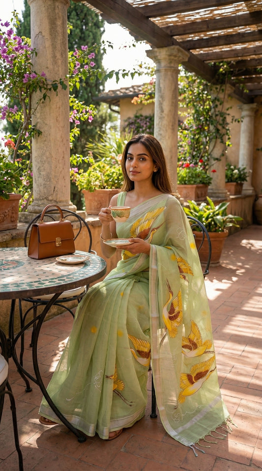 Woman in a light-green-kota-doria-crane-saree, sitting outdoors.