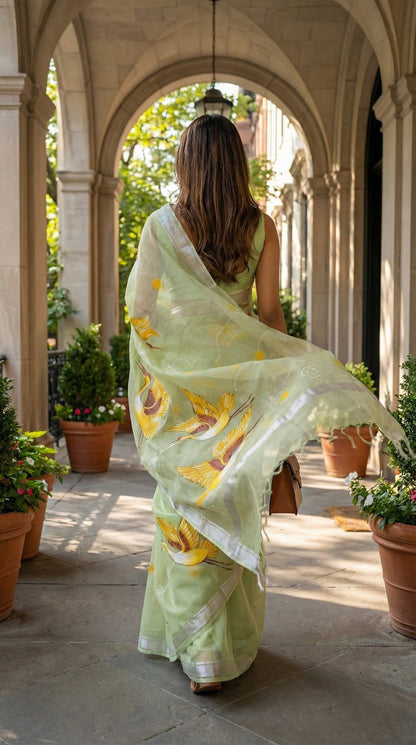Woman in a light-green-kota-doria-crane-saree, walking through an archway with potted plants.