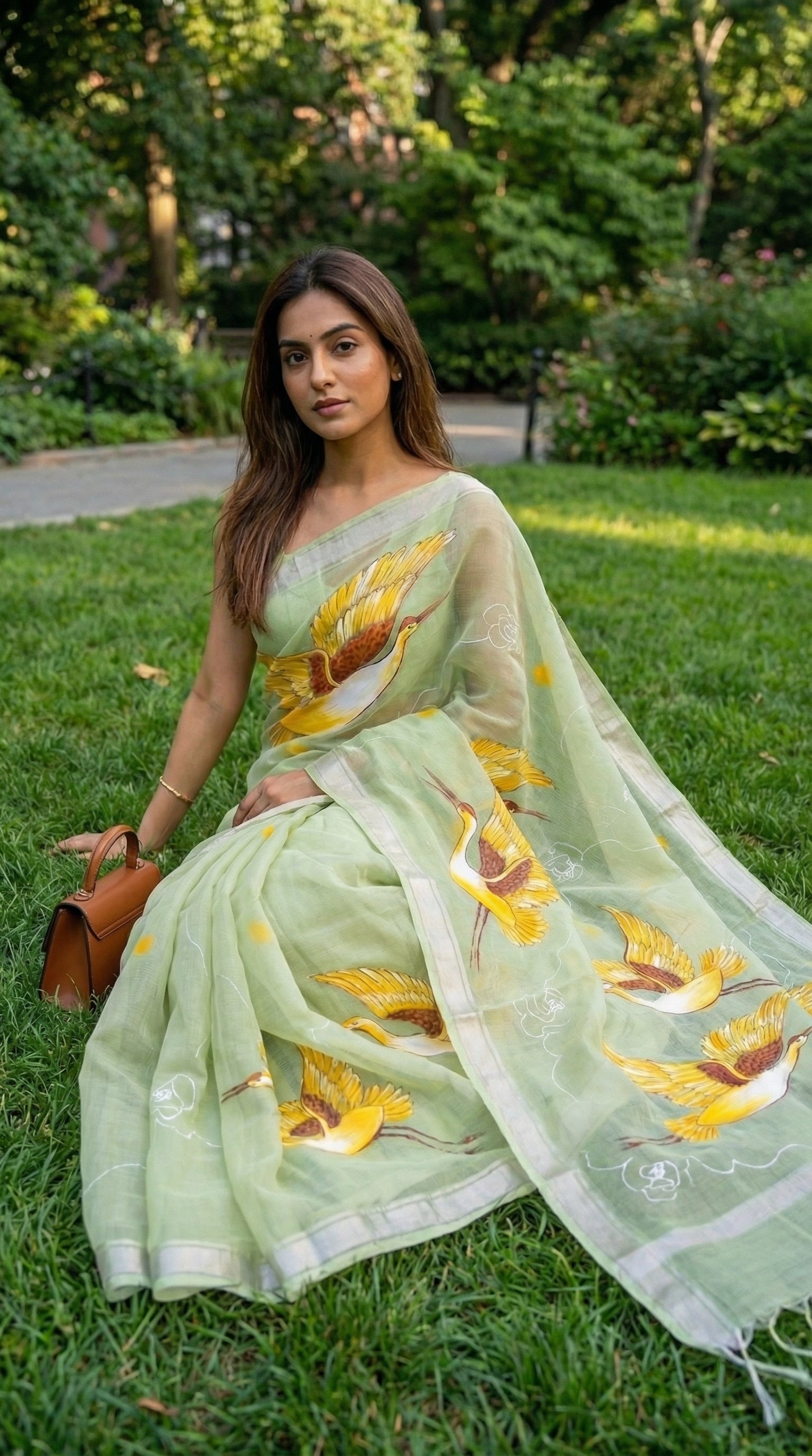 Woman in a light-green-kota-doria-crane-saree, sitting on grass
