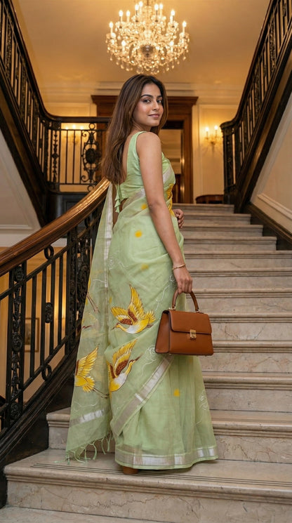 Woman in a light-green-kota-doria-crane-saree, standing on a staircase.