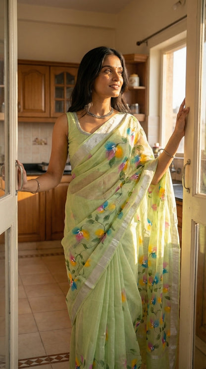 Woman in a light-green-painted-cotton-saree, standing in a kitchen.