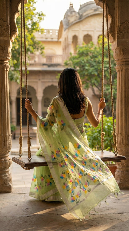 Woman in a light-green-painted-cotton-saree, sitting on a swing in an outdoor setting.
