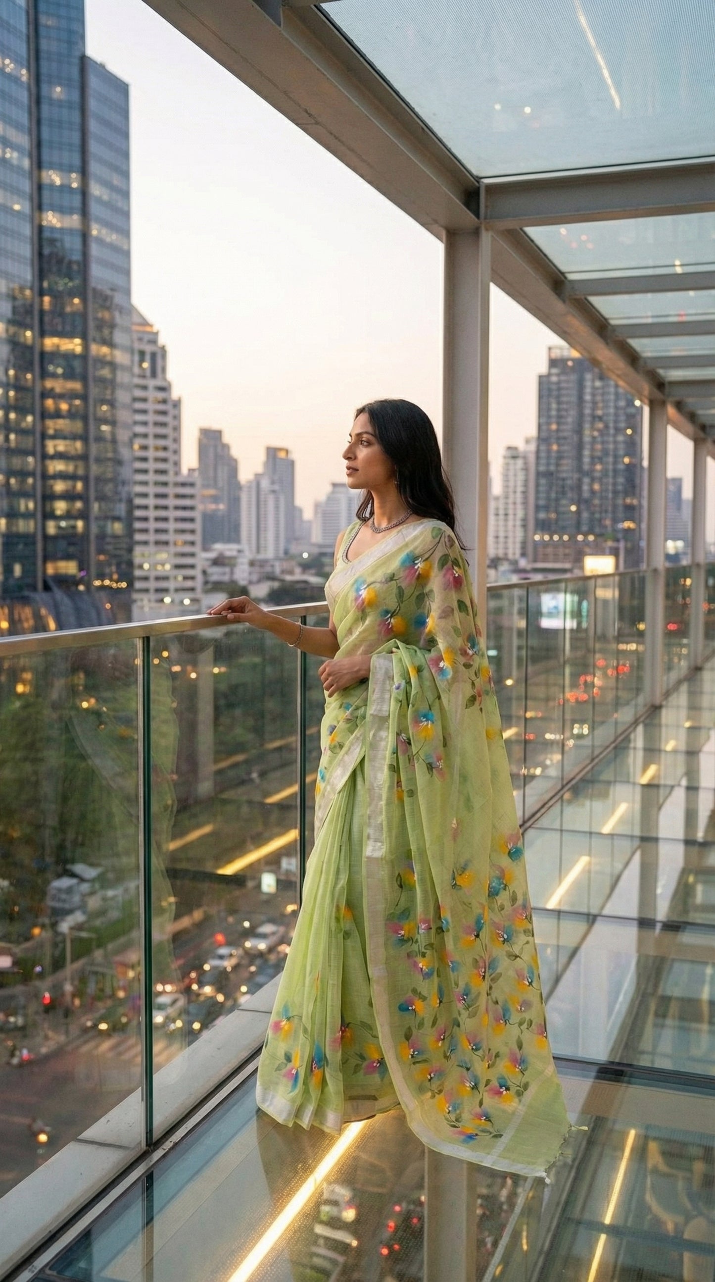 Woman in a light-green-painted-cotton-saree, standing on a balcony with cityscape view