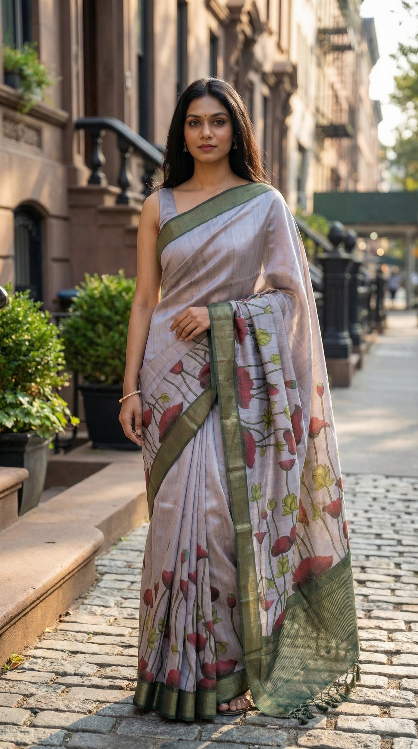 Woman in a light-pink-viscose-silk-floral-saree, standing on a street with plants and buildings in the background