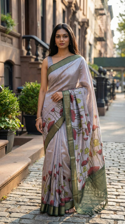 Woman in a light-pink-viscose-silk-floral-saree, standing on a street with plants and buildings in the background
