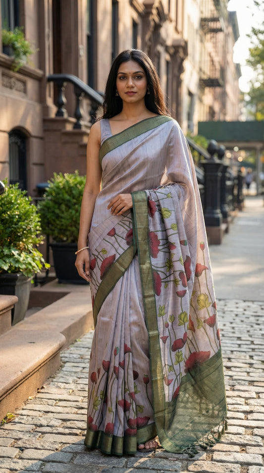 Woman in a light-pink-viscose-silk-floral-saree, standing on a street with plants and buildings in the background