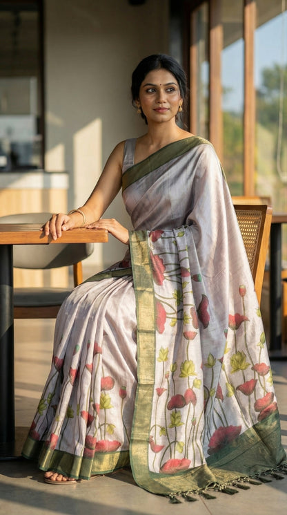 Woman in a light-pink-viscose-silk-floral-saree, in an outdoor setting