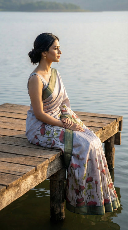 Woman in a light-pink-viscose-silk-floral-saree, sitting on a wooden dock by a body of water.