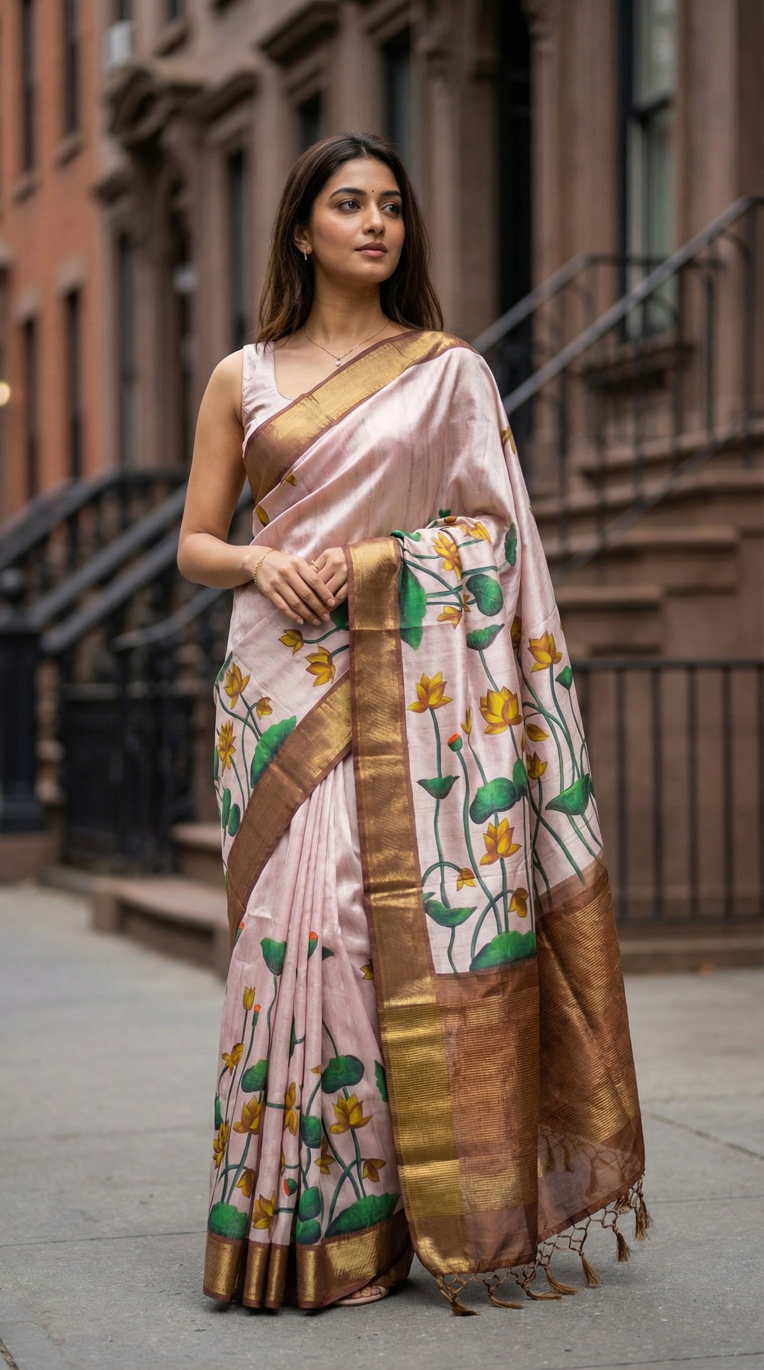 Woman in a traditional light-pink-viscose-silk-lotus-saree, in an urban setting
