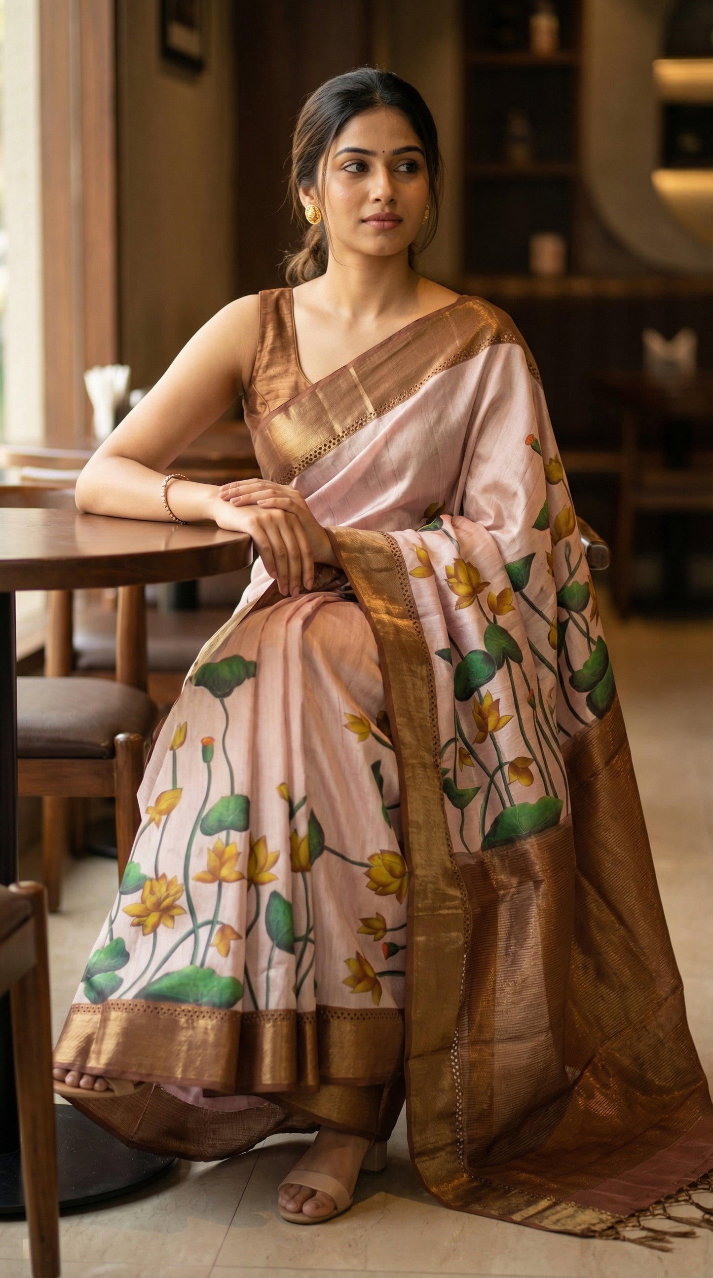 Woman in a traditional light-pink-viscose-silk-lotus-saree, in an indoor setting