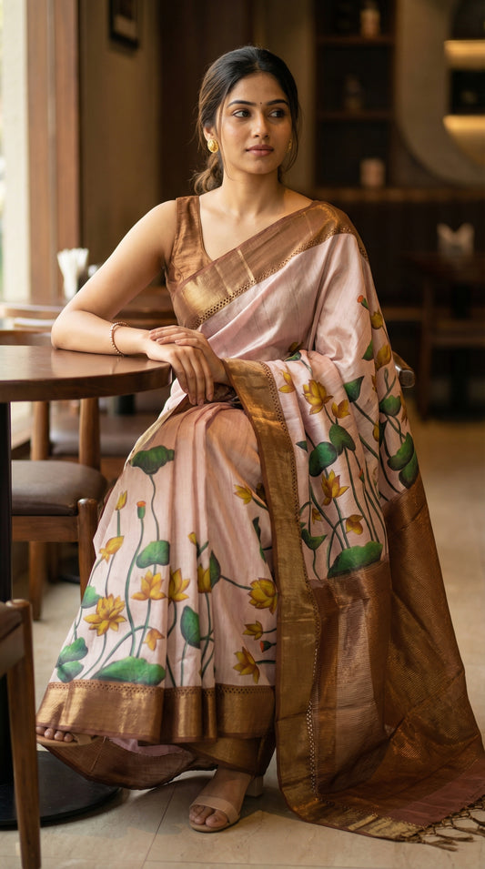 Woman in a traditional light-pink-viscose-silk-lotus-saree, in an indoor setting