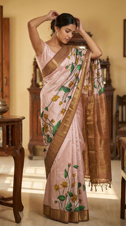 Woman in a traditional light-pink-viscose-silk-lotus-saree, in a room setting