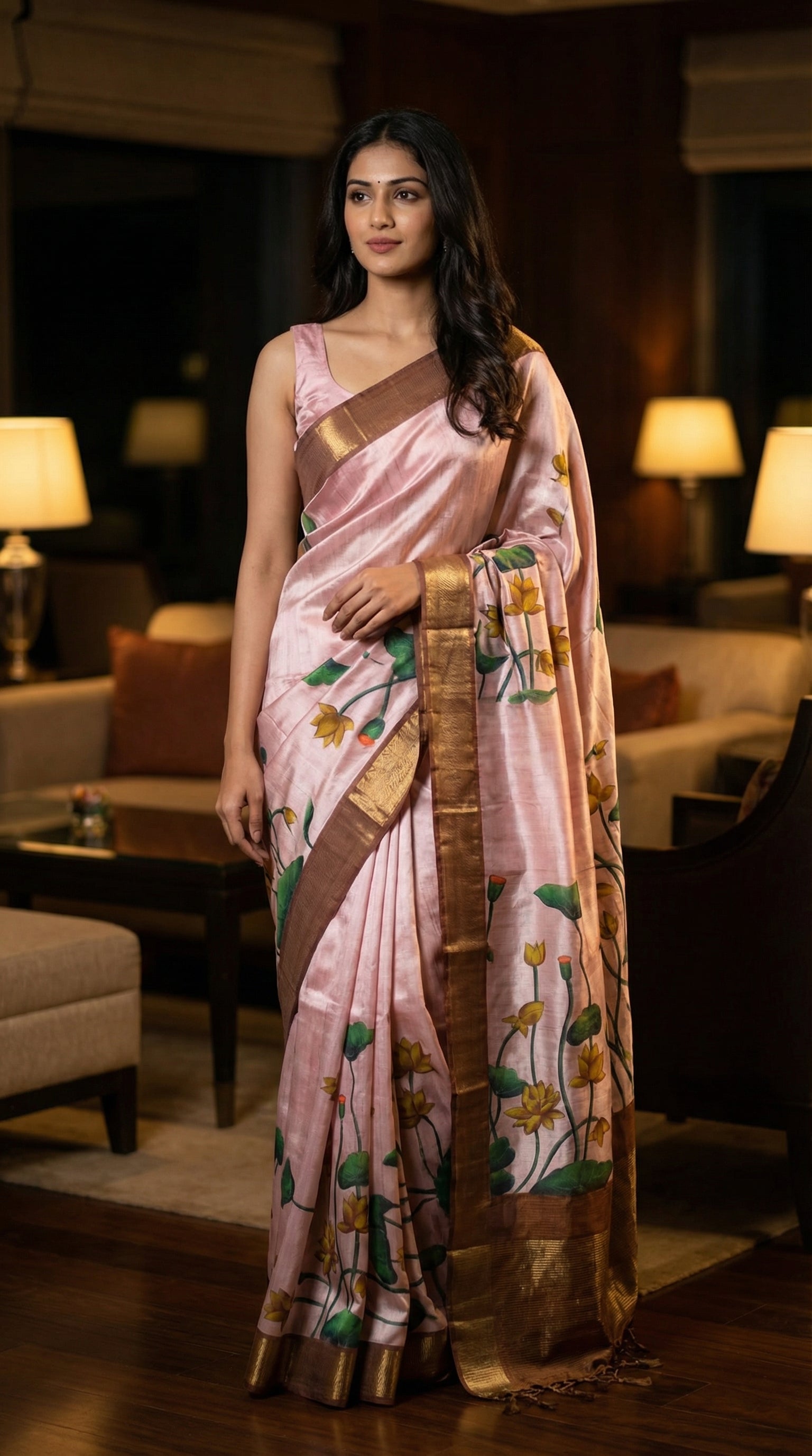 Woman in a traditional light-pink-viscose-silk-lotus-saree, standing in an indoor setting with lamps and furniture.