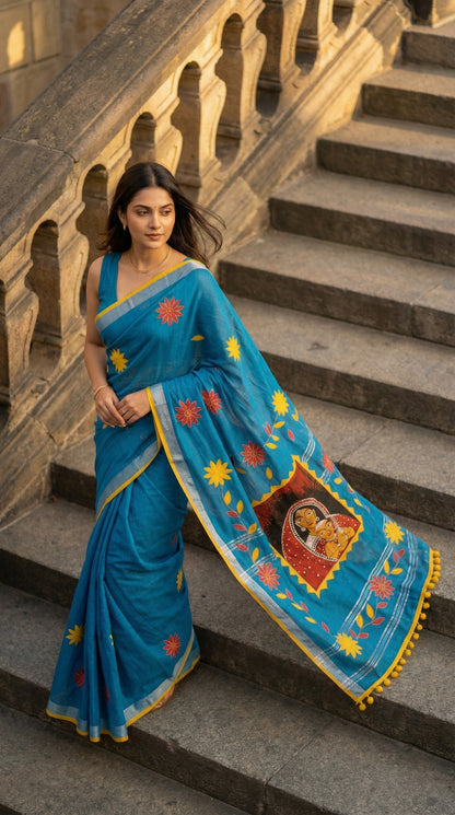 Woman in a blue linen-cotton saree with hand-painted, applique work with floral and artistic motifs, yellow border, and cultural pallu design, standing on stone steps.