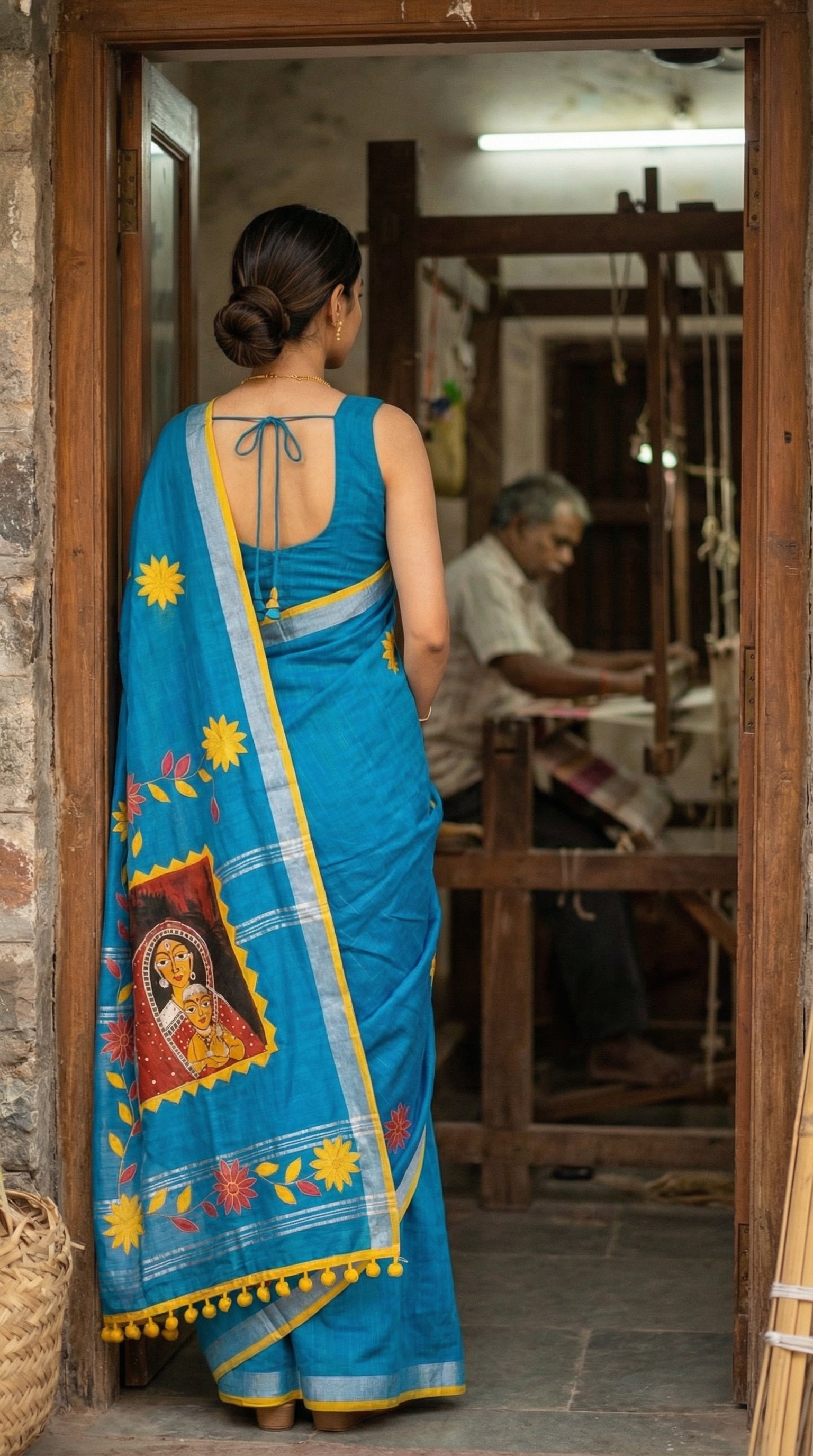 Woman in a blue linen-cotton saree with hand-painted, applique work with floral and artistic motifs, yellow border, and cultural pallu design, standing in a doorway, facing an older man sitting at a table.
