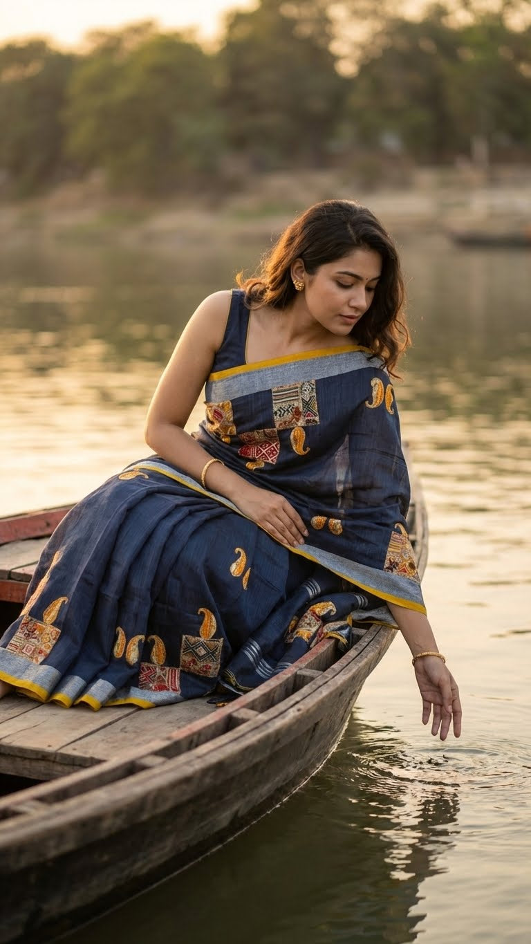 Woman in a grey linen cotton saree with applique work paisley motifs and silver thread detailing sitting on a boat by a lake.