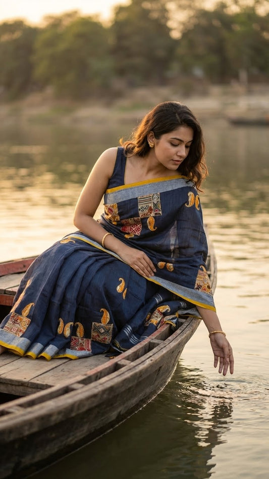 Woman in a grey linen cotton saree with applique work paisley motifs and silver thread detailing sitting on a boat by a lake.