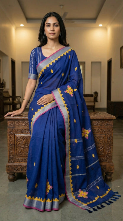 Navy linen cotton saree with multicolor floral appliqué work, artisan-crafted traditional Indian saree, indoors.