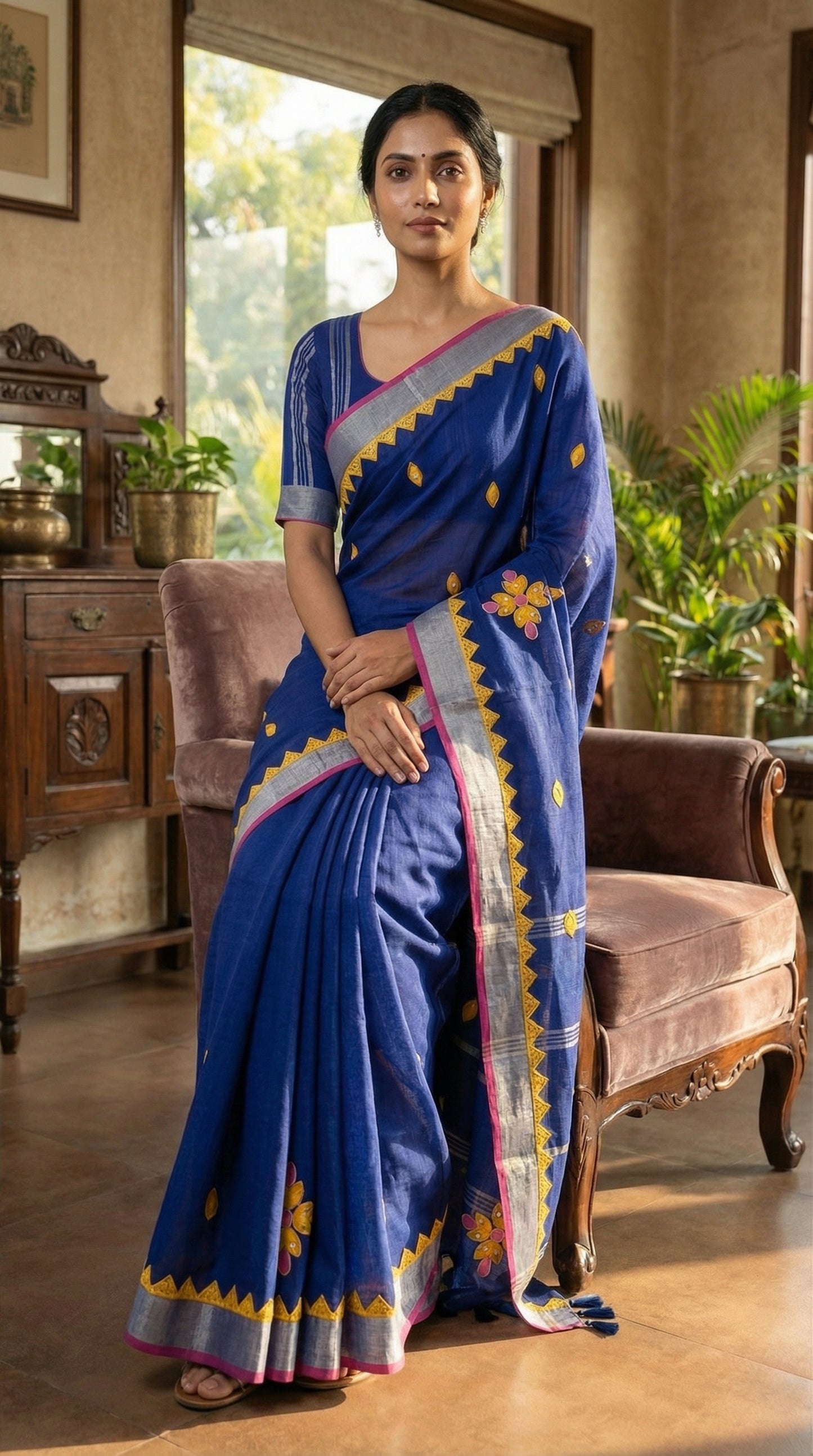 Navy linen cotton saree with multicolor floral appliqué and hand embroidery, artisan-crafted traditional Indian saree, standing in a room with plants and furniture.