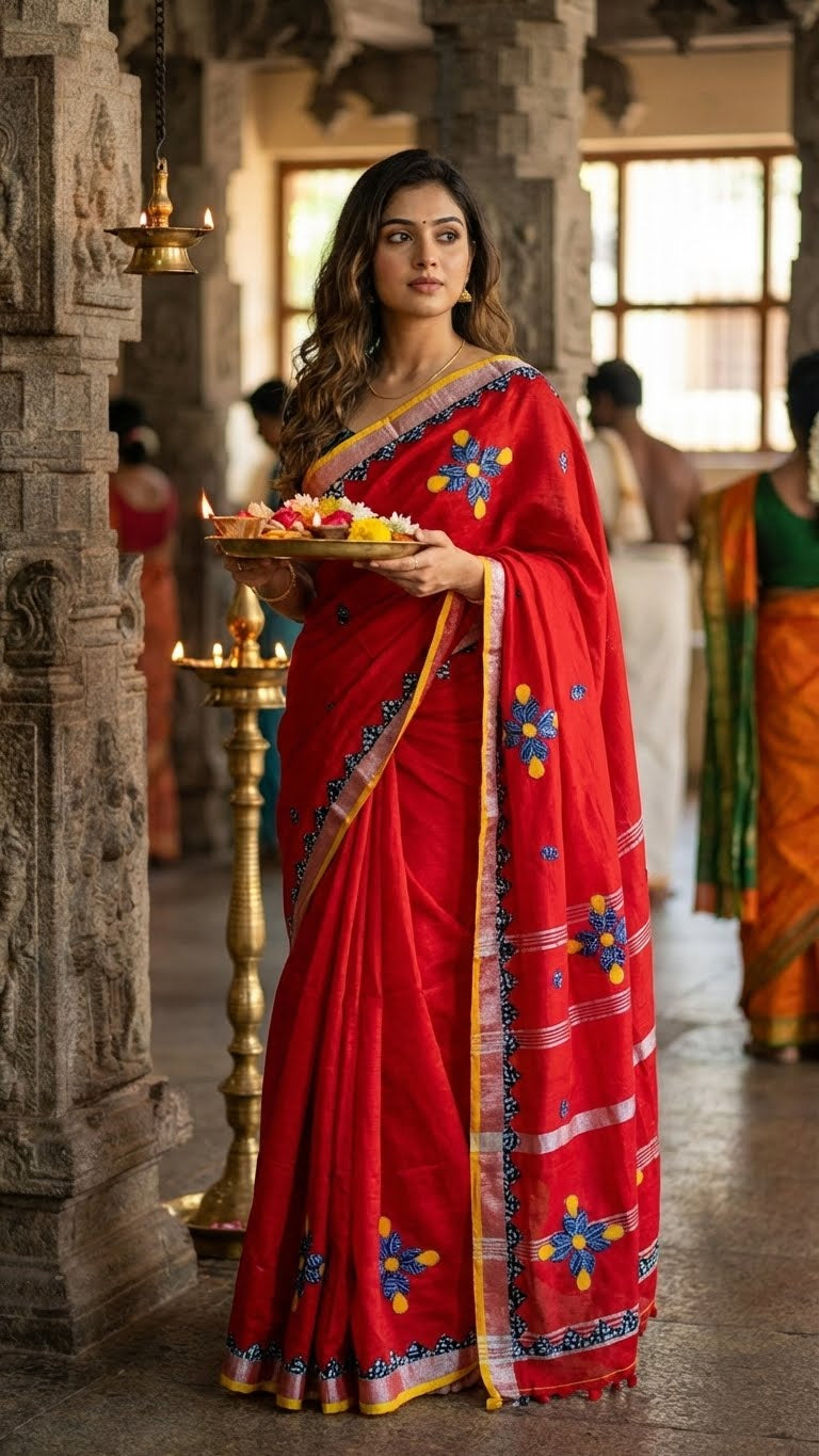 Woman in a red linen cotton saree with hand-appliquéd floral embroidery and tassel border holding a tray of offerings in an indoor setting.
