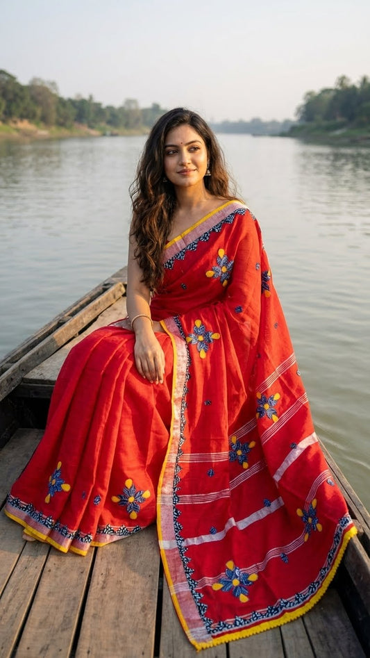 Woman in a red linen cotton saree with hand-appliquéd floral embroidery and tassel border sitting on a wooden boat by a river.