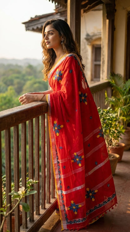 Woman in a red linen cotton saree with hand-appliquéd floral embroidery and tassel border standing on a balcony with greenery in the background.