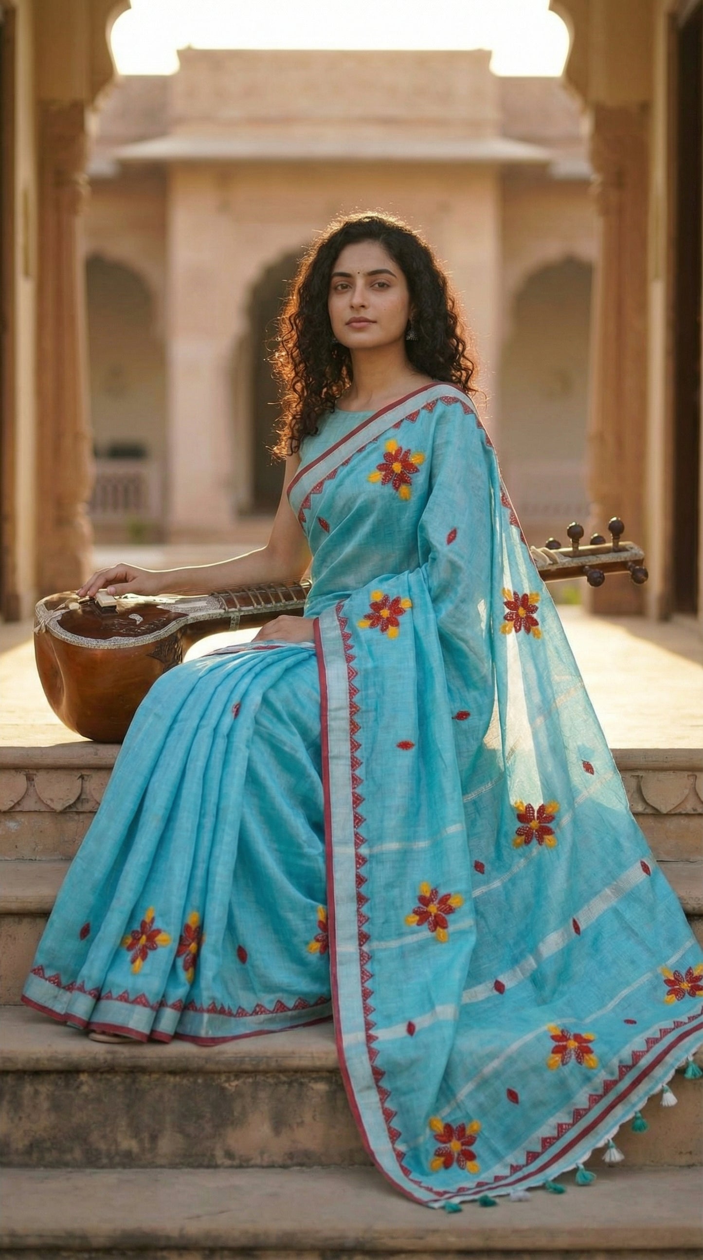 Woman in a sky blue linen cotton saree featuring vibrant appliqué floral motifs and applique work, on steps outdoors with Sitar.