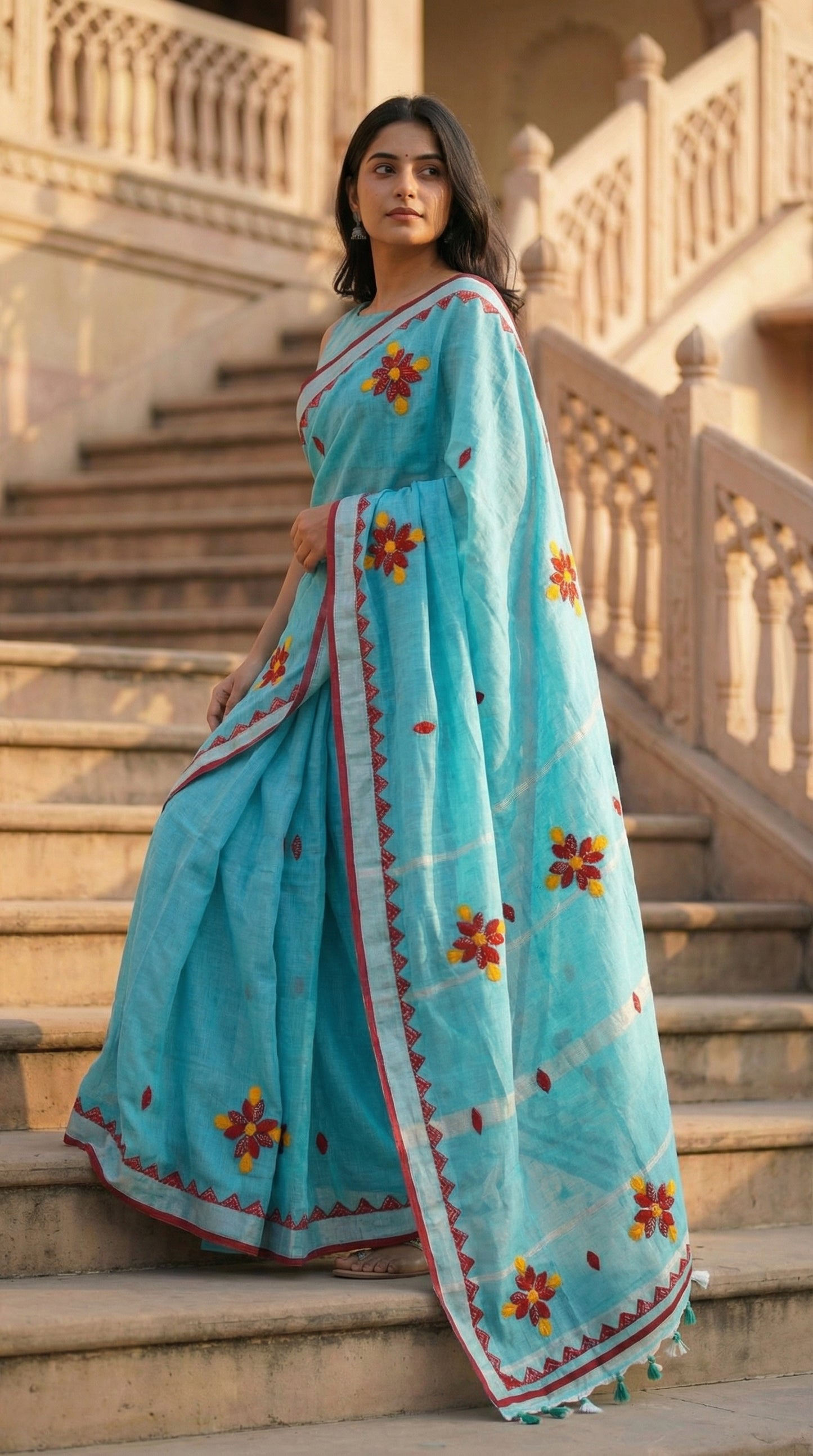 Woman in a sky blue linen cotton saree featuring vibrant appliqué floral motifs and handcrafted embroidery, standing on steps.