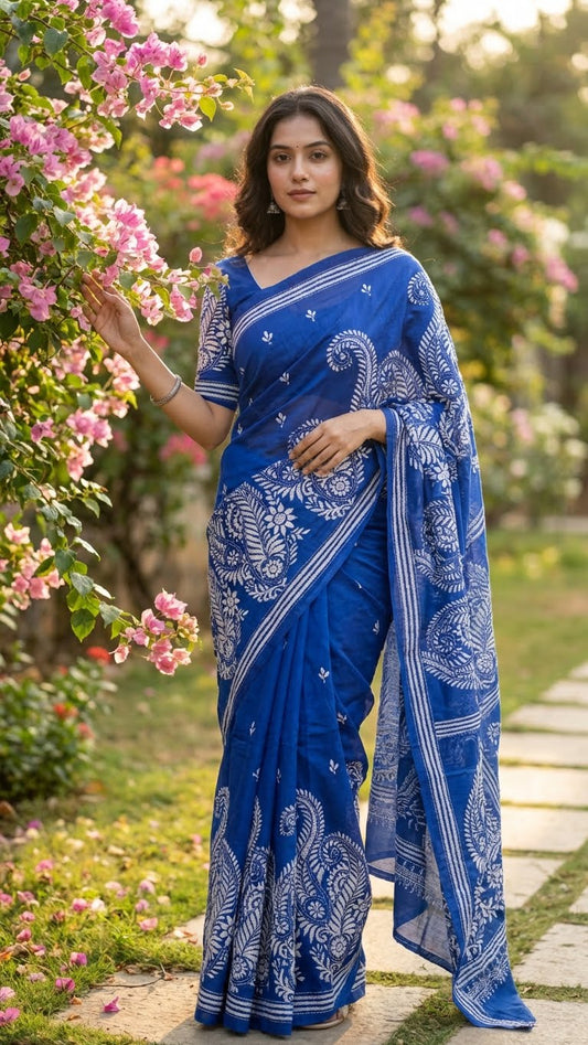 Woman in a luxury kantha-stitched silk saree – deep blue with white paisley & floral bands saree standing in a garden with pink flowers.