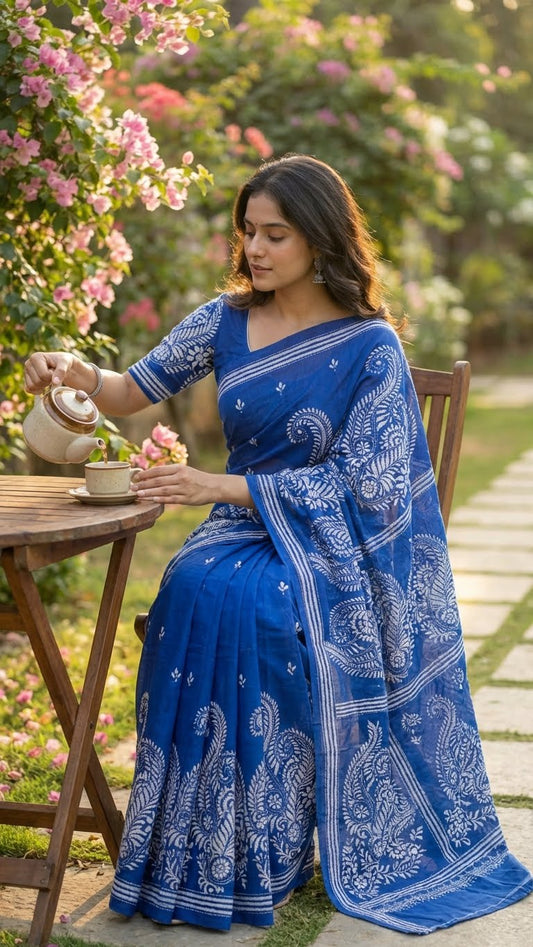 Woman in a luxury kantha-stitched silk saree – deep blue with white paisley & floral bands saree sitting outdoors with flowers and a teapot.