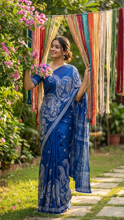 Woman in a luxury kantha-stitched silk saree – deep blue with white paisley & floral bands saree standing outdoors with colorful fabric and flowers.