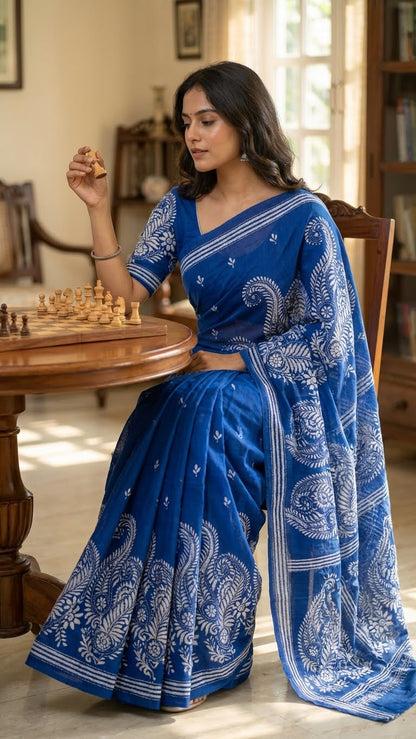 Woman in a luxury kantha-stitched silk saree – deep blue with white paisley & floral bands saree sitting in a room with a chessboard.