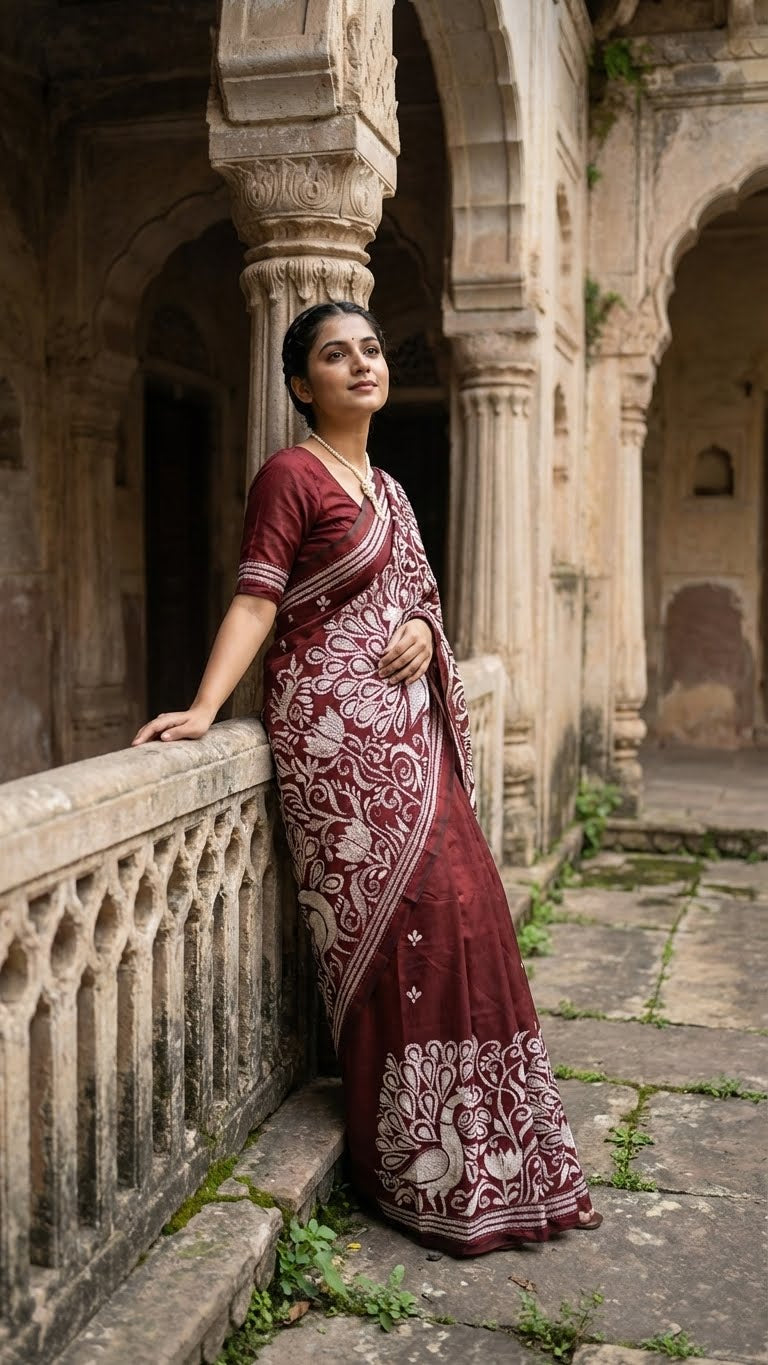Woman in a luxury kantha-stitched silk saree – red with intricate peacock & floral motifs standing in an old architectural setting.