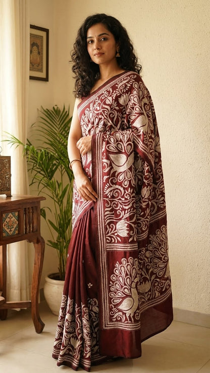 Woman wearing a luxury kantha-stitched silk saree – red with intricate peacock & floral motifs in a room with a plant and table.