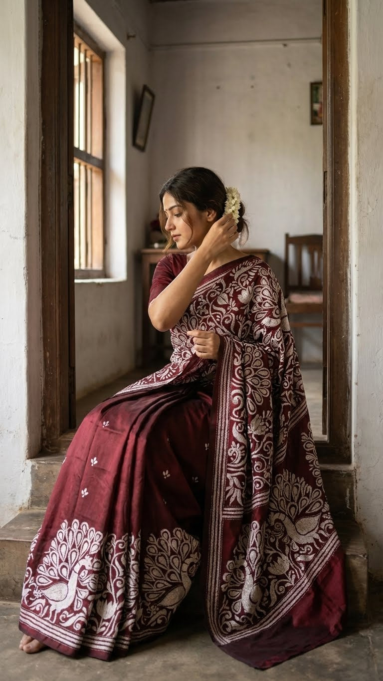 Woman in a luxury kantha-stitched silk saree – red with intricate peacock & floral motifs sitting in a room.