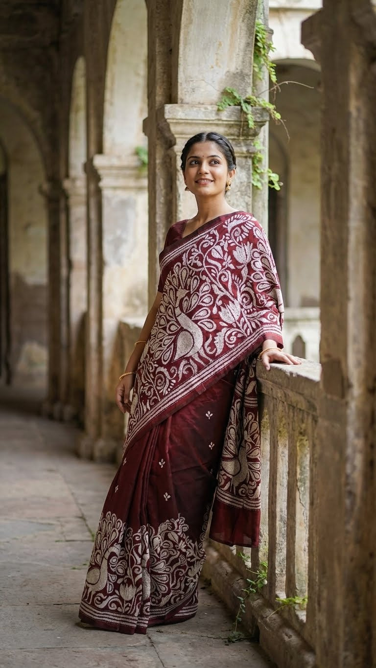 Woman in a luxury kantha-stitched silk saree – red with intricate peacock & floral motifs standing in an architectural setting.
