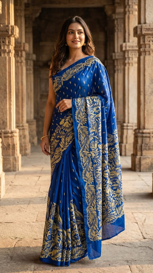 Woman in a luxury kantha-stitched silk saree – royal blue with golden floral embroidery saree with gold leaf patterns with gold patterns standing in front of ancient architecture.