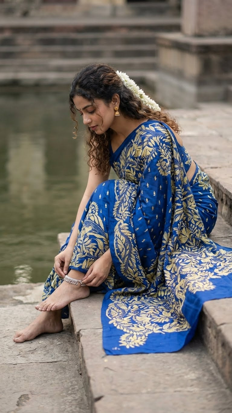 Woman in a luxury kantha-stitched silk saree – royal blue with golden floral embroidery saree with gold leaf patterns sitting by a body of water.