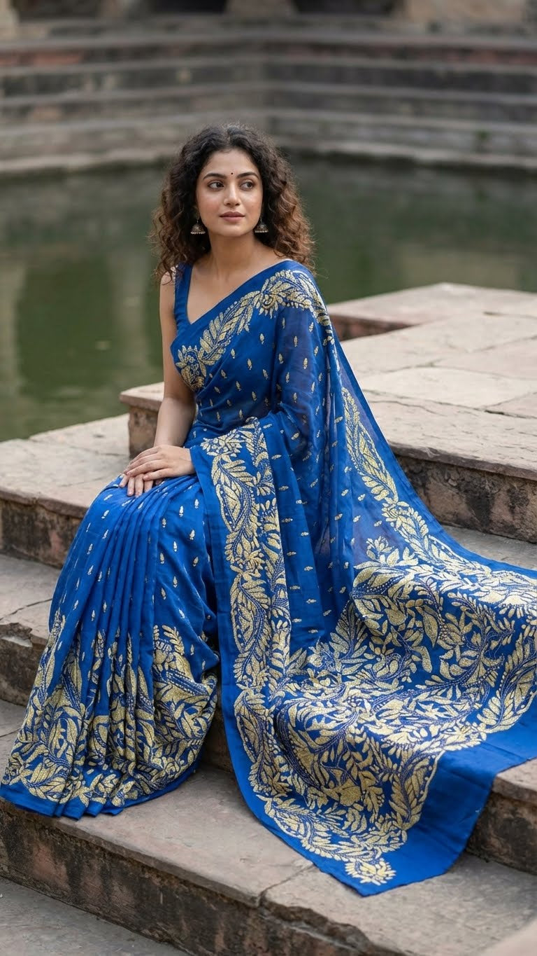 Woman in a luxury kantha-stitched silk saree – royal blue with golden floral embroidery saree with gold leaf patterns sitting on steps by a body of water.