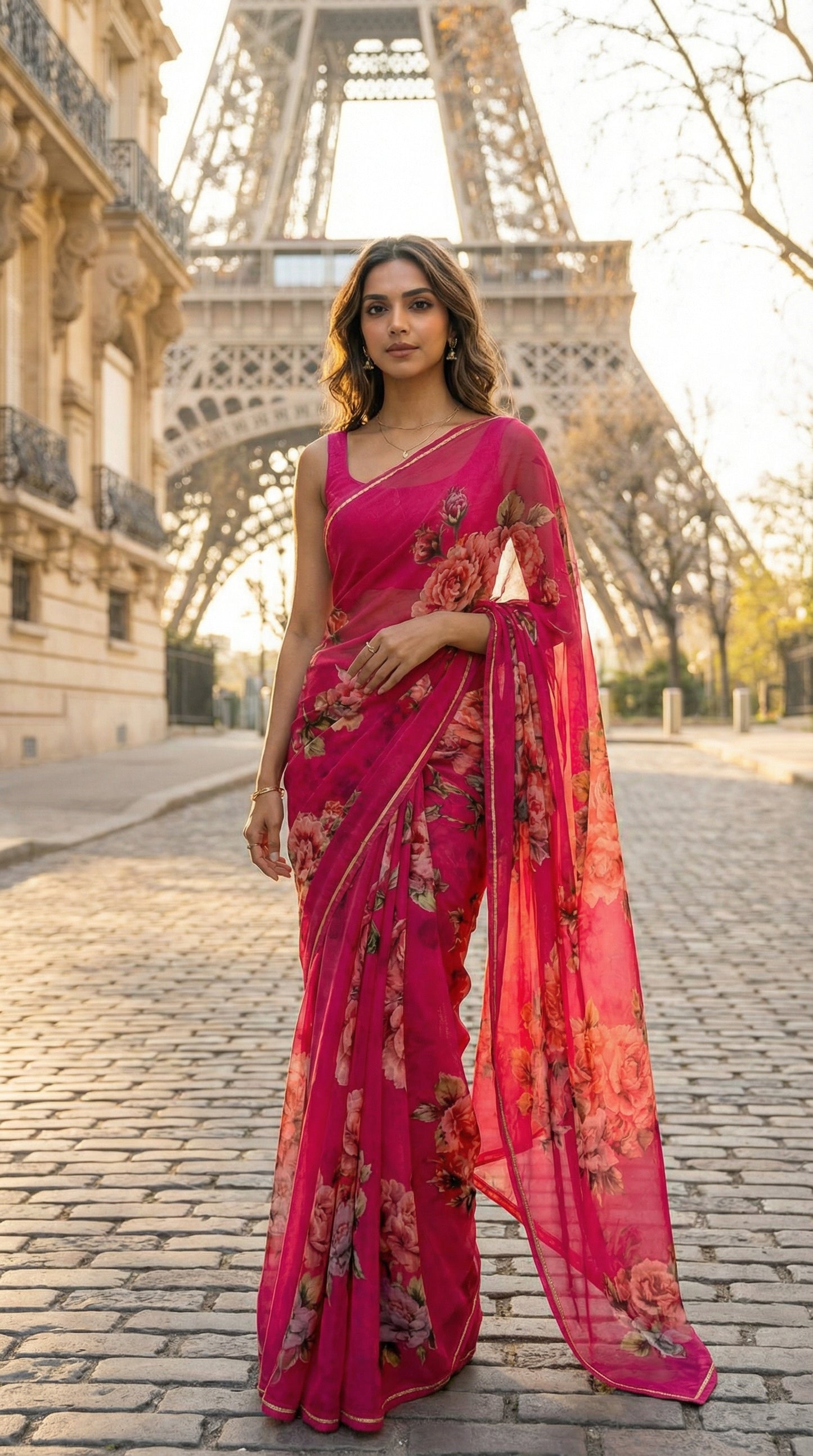 Woman in a magenta chiffon saree with floral prints, standing in front of the Eiffel Tower.