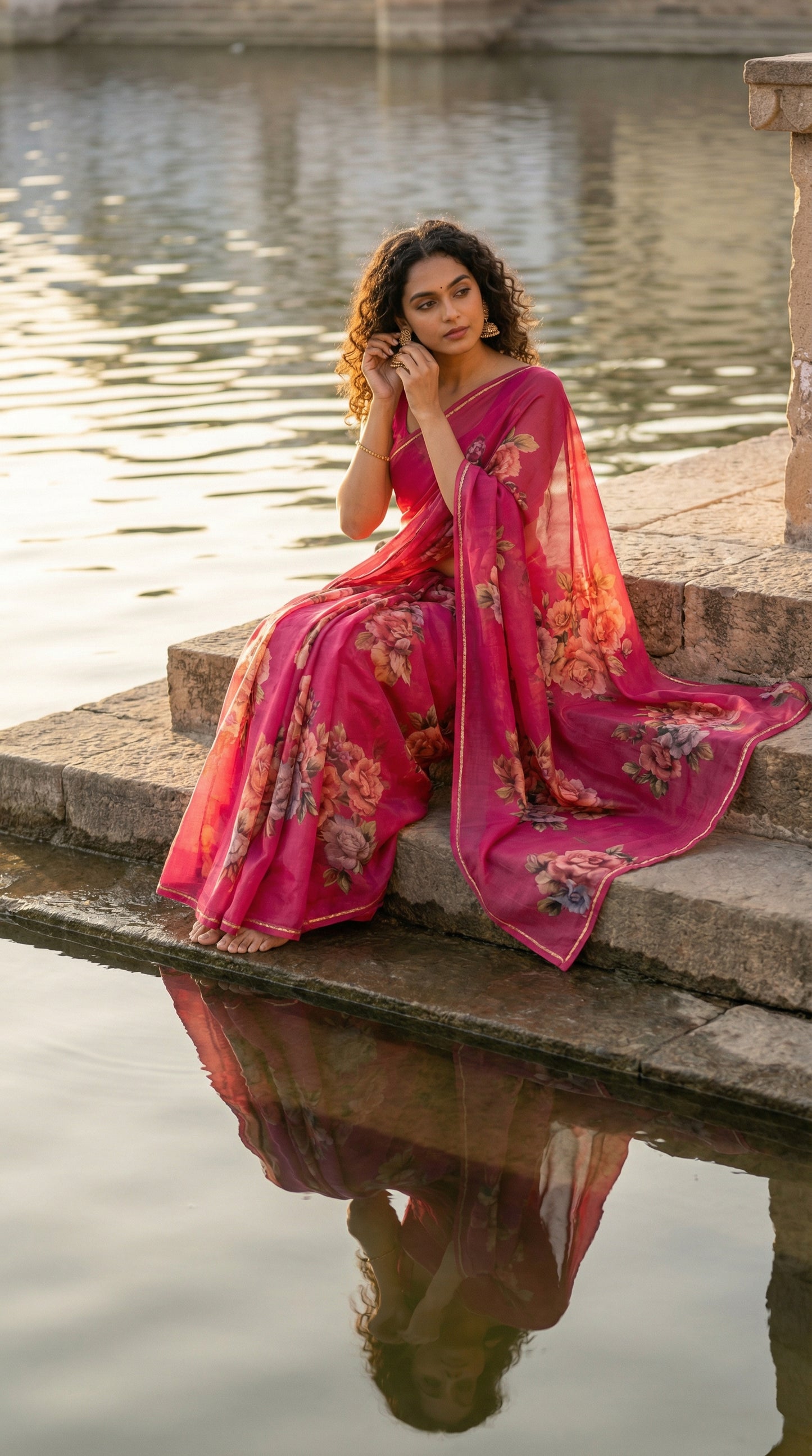 Woman in a magenta chiffon saree with floral prints, sitting by a water body.