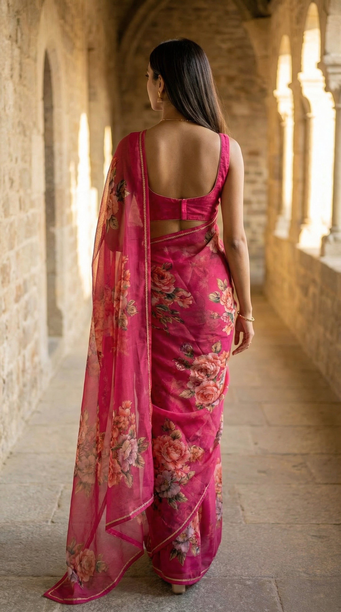 Woman in a magenta chiffon saree with floral prints, walking through an archway.