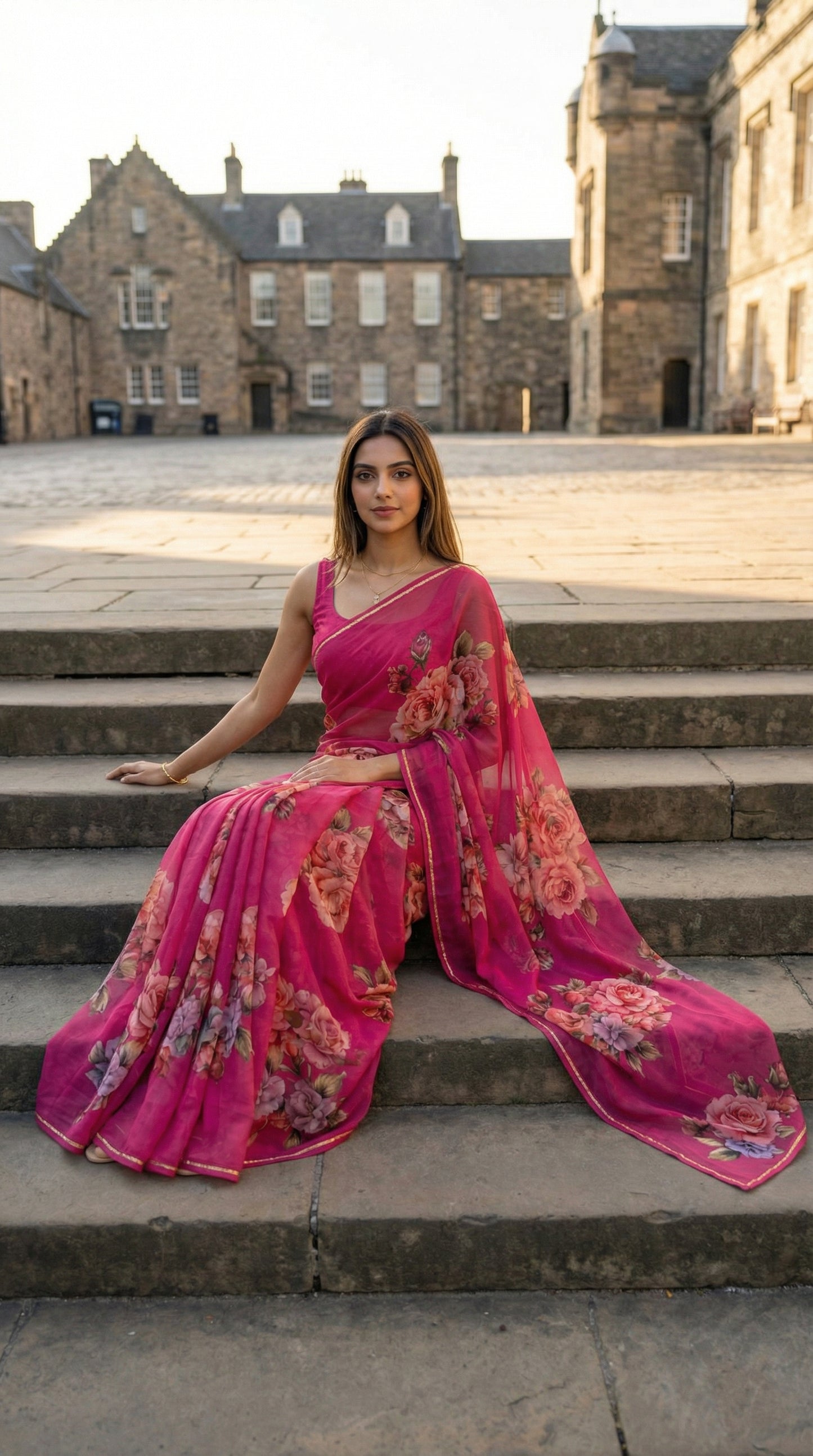 Woman in a magenta chiffon saree with floral prints, sitting on steps in front of a building