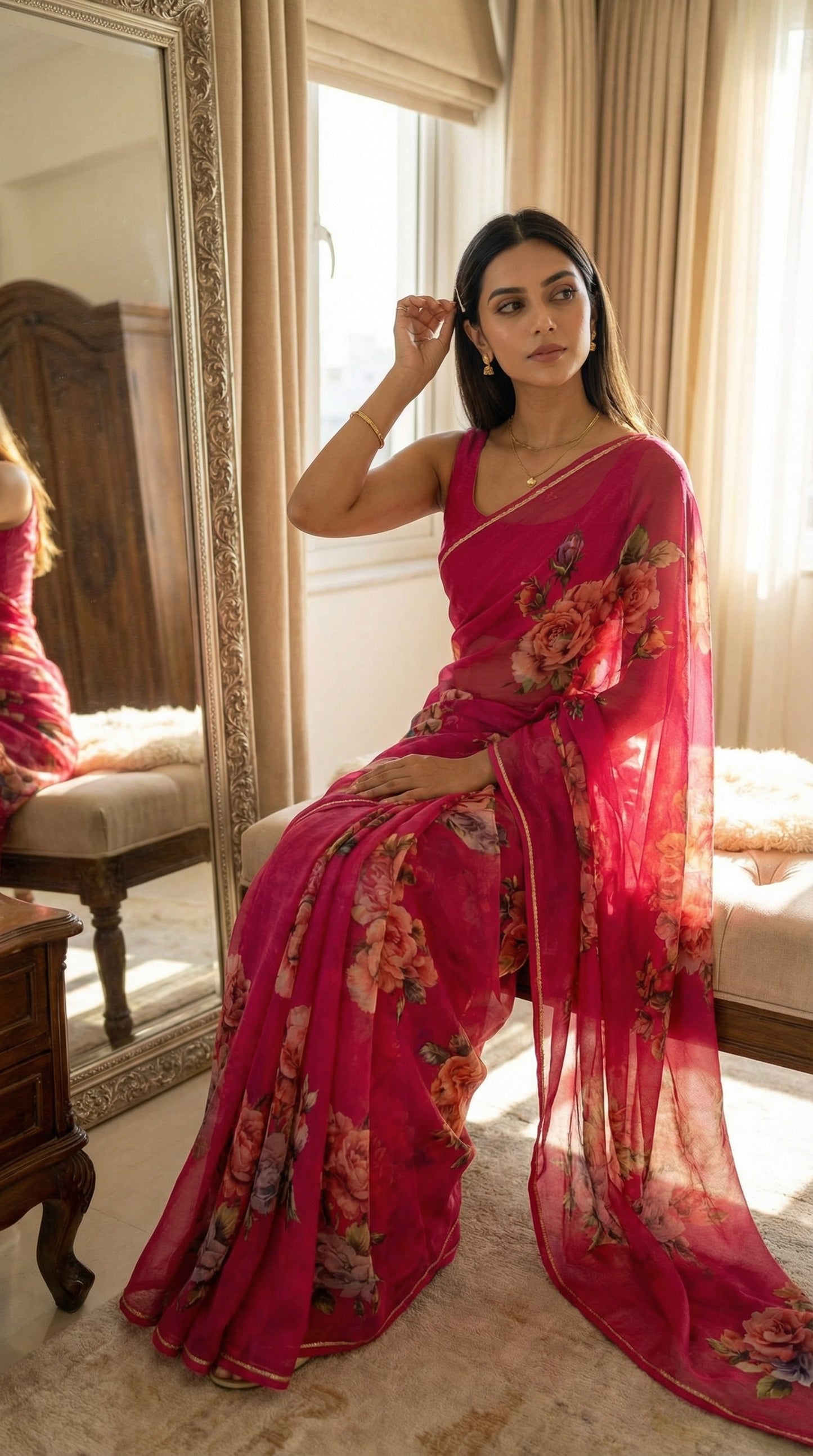 Woman in a magenta chiffon saree with floral prints, sitting in a room with a mirror and curtains.
