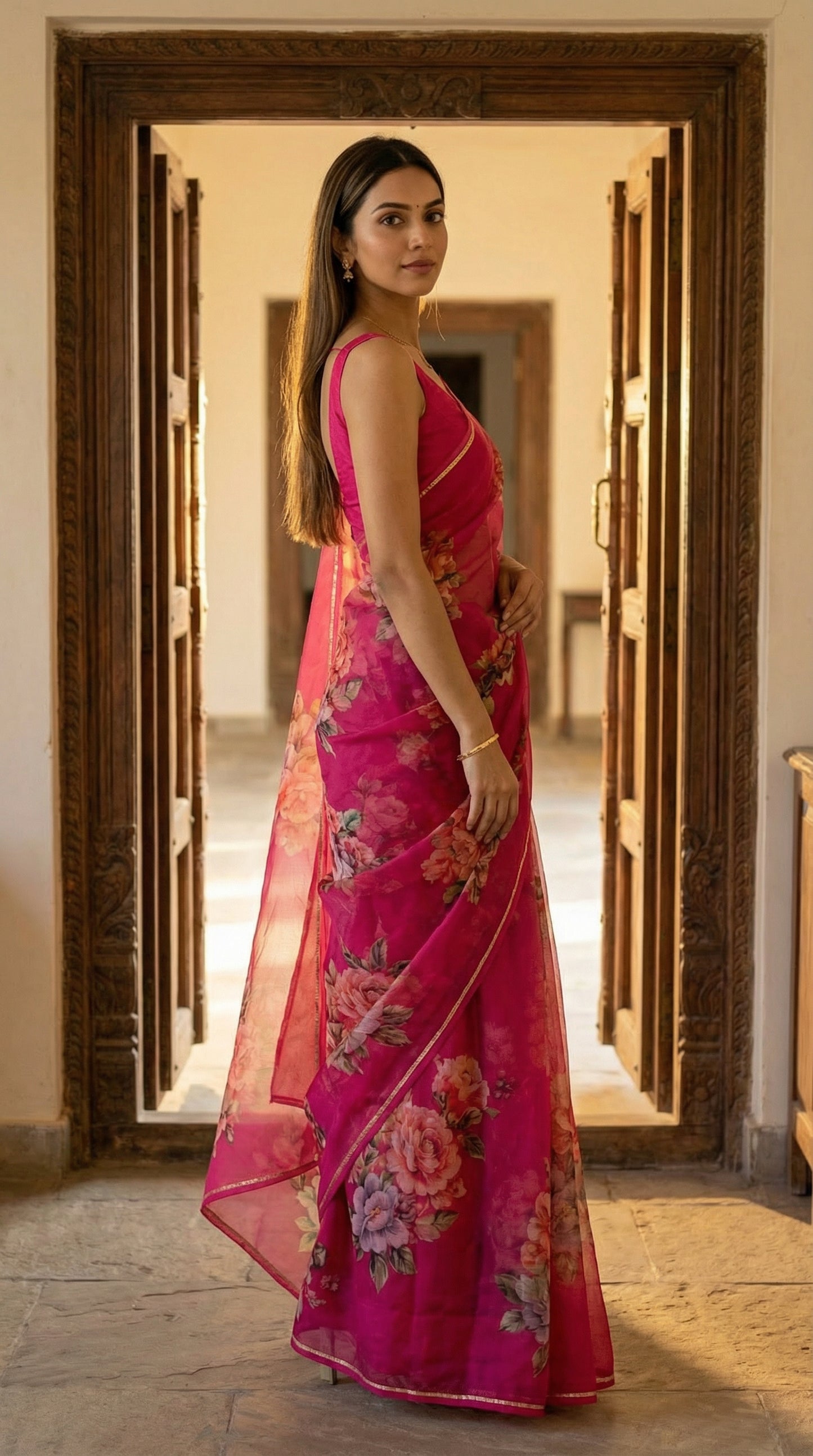 Woman in a magenta chiffon saree with floral prints, standing in a doorway.
