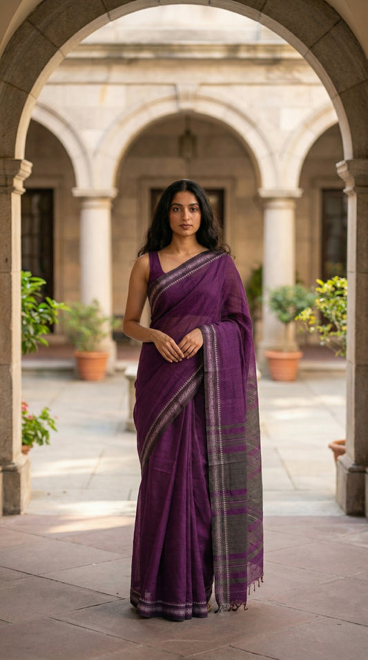 Woman in a magenta-mul-cotton-saree, standing in an outdoor setting with arches and plants.