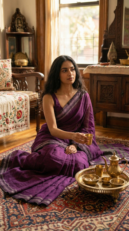 Woman in a magenta-mul-cotton-saree, sitting on a patterned rug with a tray of tea in a room with wooden furniture and a window.